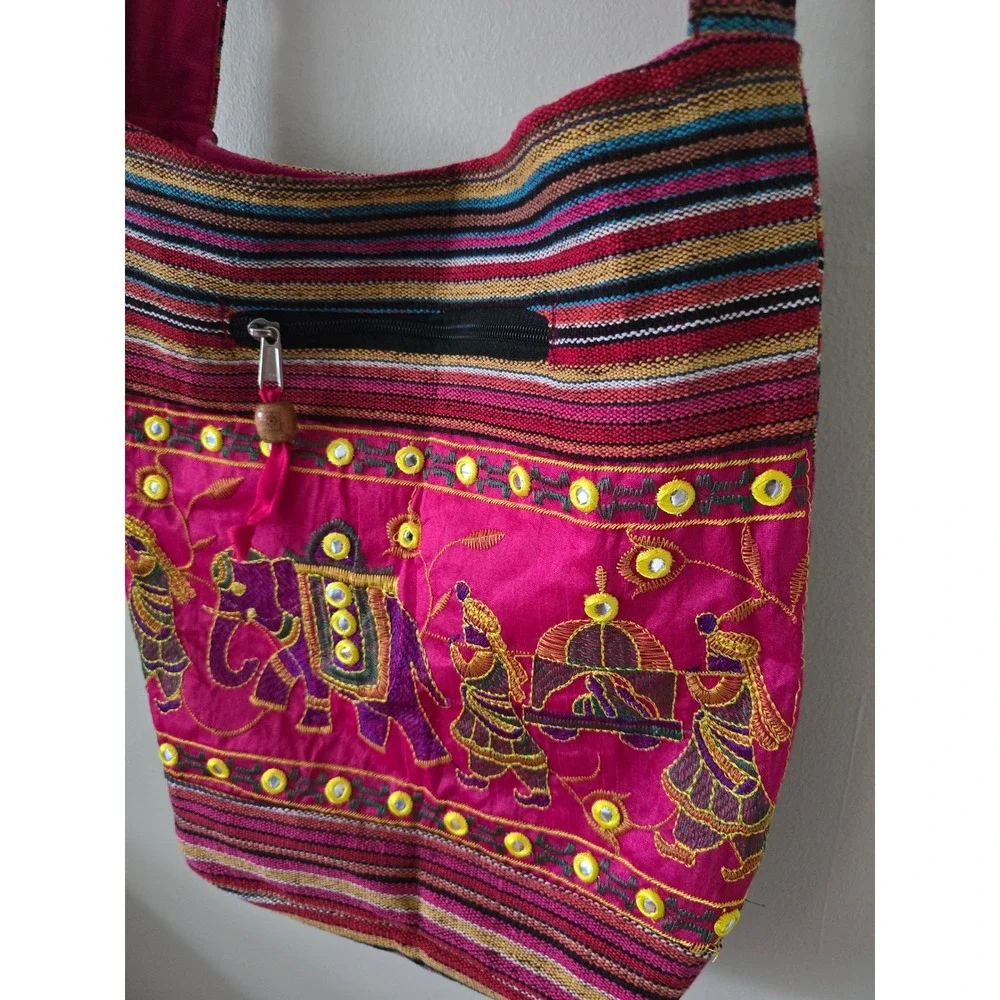 Pink 100% cotton embroidered elephant boho crossbody bag